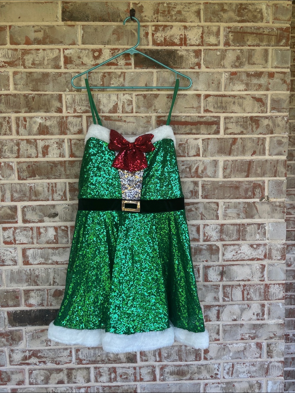 No Boundaries Green Sequin Holiday‎ Dress with Red Bow